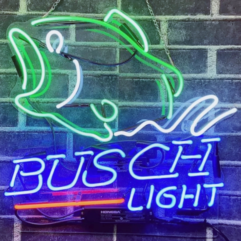 Bass Fish Busch Light neon bar sign - Hand-bent glass tubes with acrylic backplate. Shop at neonsignsland.com
