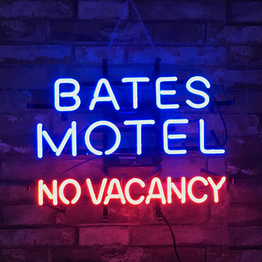 "Bates Motel No Vacancy neon sign glass - bright and vibrant logo, perfect for bars, auto shop, and man caves."