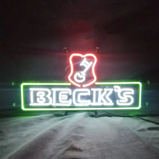 "Beck's Beer with Key neon sign glass - bright and vibrant logo, perfect for bars, shops, man caves gift decoration."