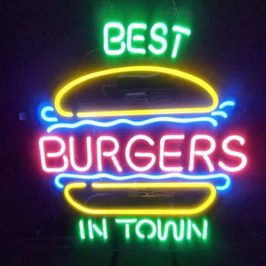 "Best burgers in town neon sign glass- perfect for garages, man caves, shop. Eye-catching on wall and window"