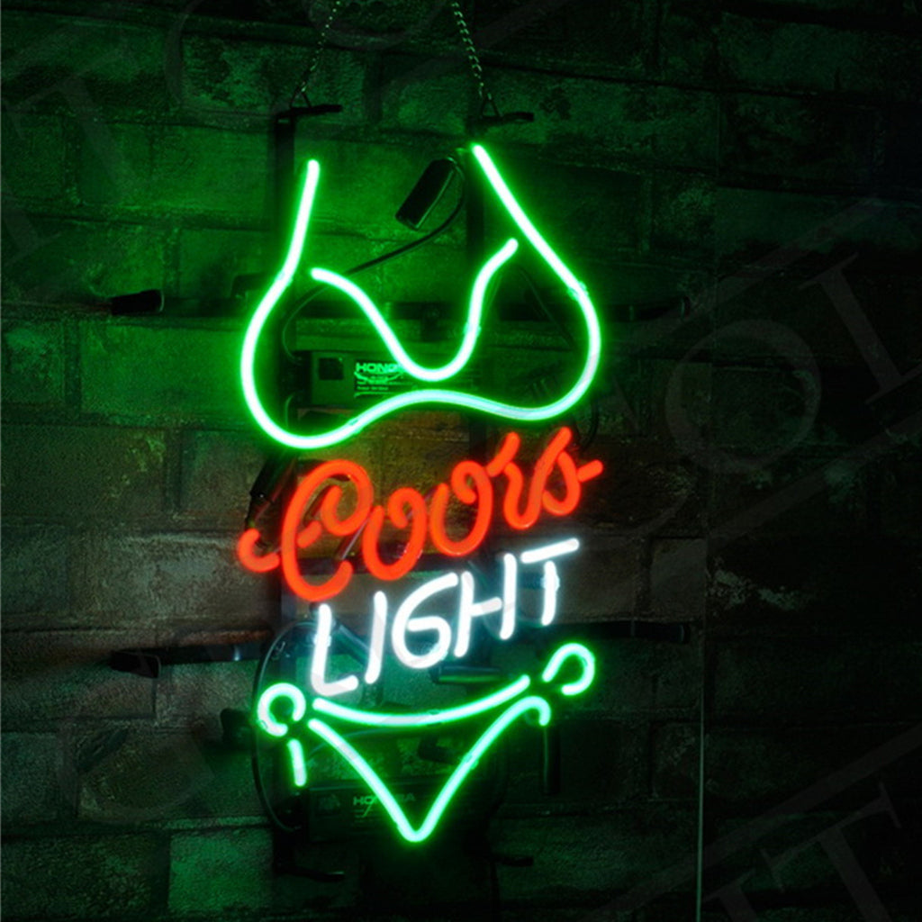 Green "Bikini Sets Coors Light neon sign glass - bright and vibrant logo, perfect for bars, game rooms, and man caves."