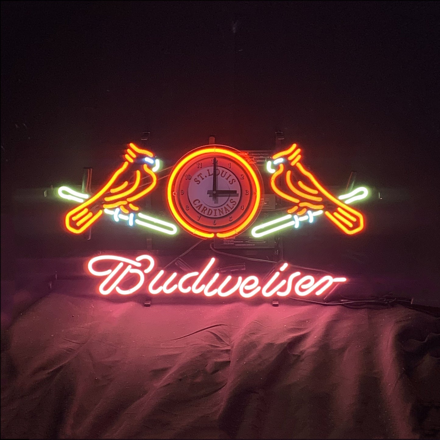 "St. Louis Cardinals with Clock Budweiser Birds neon sign glass - vibrant team logo, perfect for sports bars, game rooms, and fan spaces.