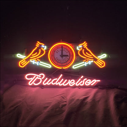 "St. Louis Cardinals with Clock Budweiser Birds neon sign glass - vibrant team logo, perfect for sports bars, game rooms, and fan spaces.