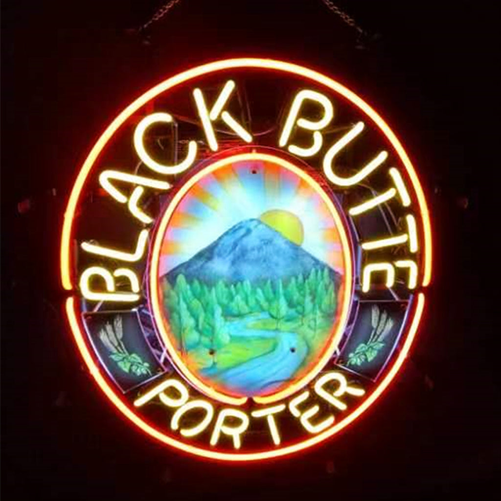 "Black Butte Porter neon sign glass - bright and vibrant logo, perfect for bars, business shop, garage, man caves wall decor."