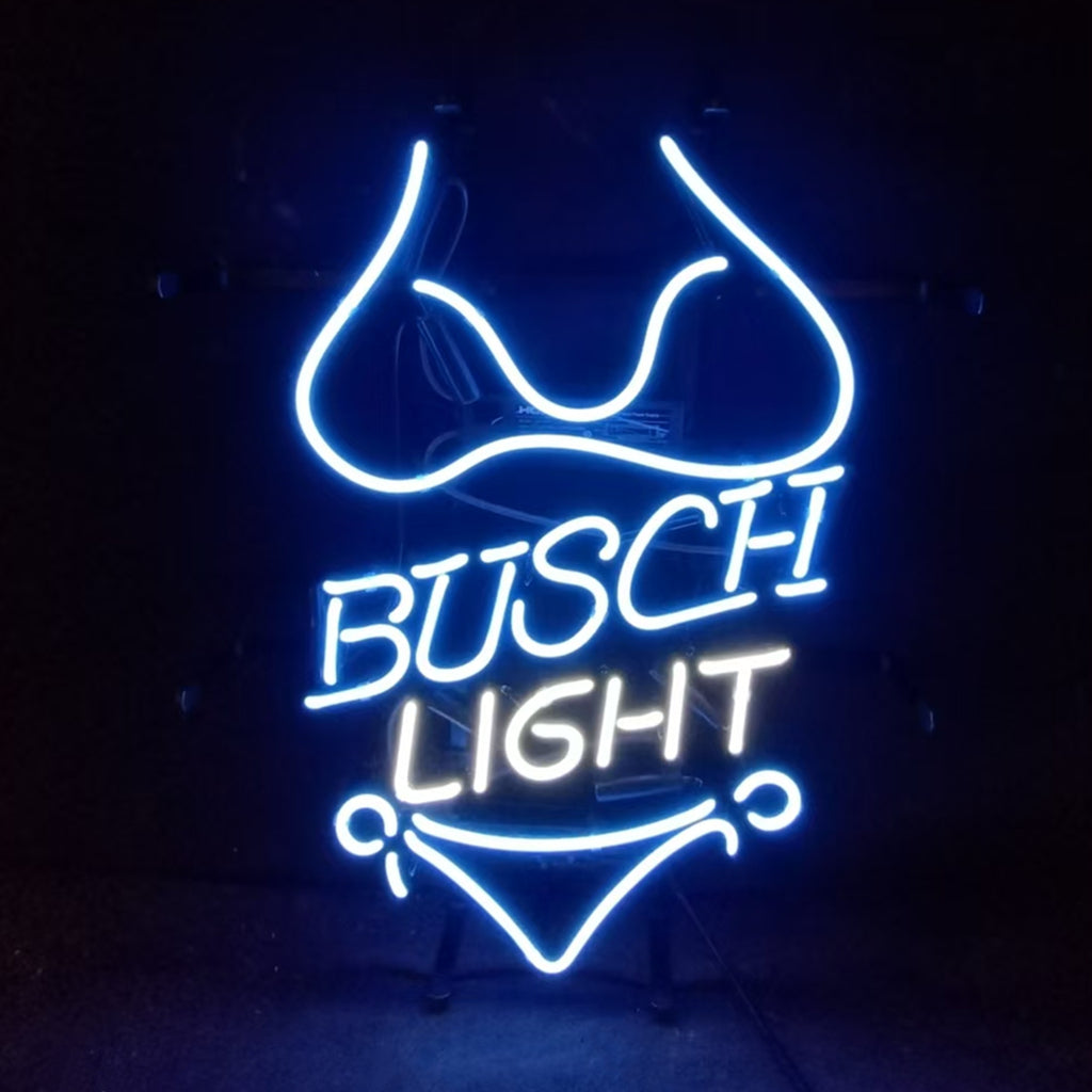 "Blue Bikini Sets Busch Light neon sign glass - bright and vibrant logo, perfect for bars, business shop, garage, man caves wall decor."