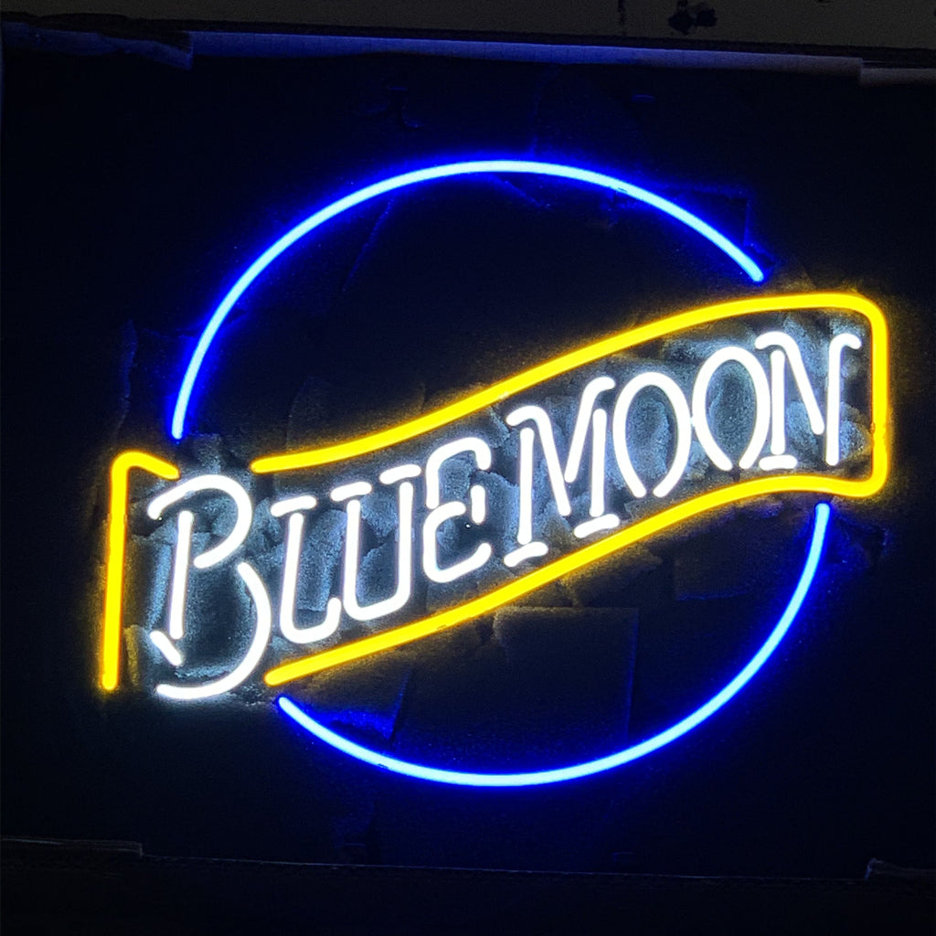 "Blue Moon Beer neon sign glass - bright and vibrant logo, perfect for bars, game rooms, and man caves."