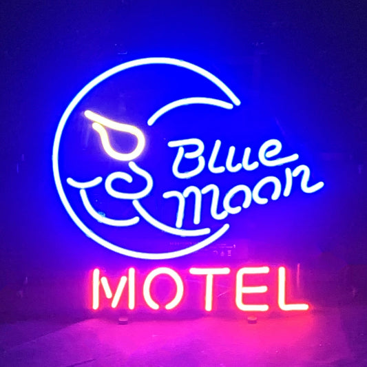 "blue moon motel neon sign glass - bright and vibrant logo, perfect for bars, game rooms, and man caves."