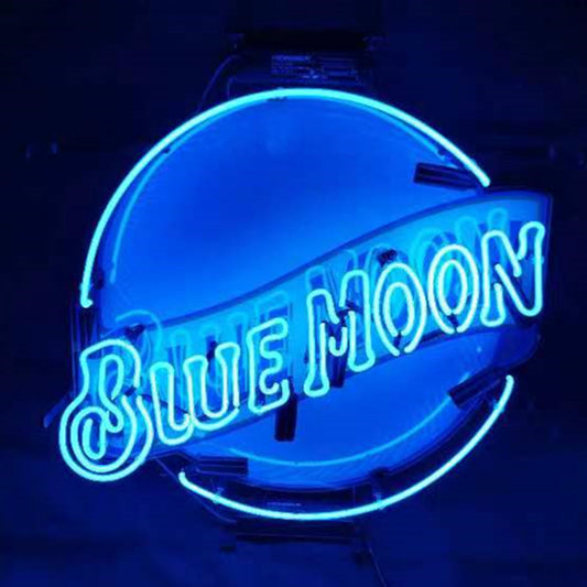"Blue Moon Beer neon sign glass - bright and vibrant logo, perfect for bars, business shop, garage, man caves wall decor."