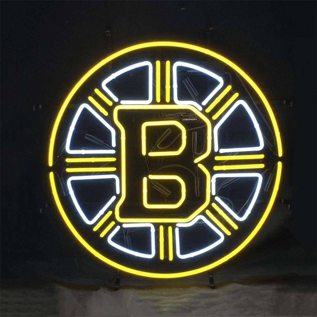 "Boston Bruins Ice Hockey neon sign glass - vibrant team logo, perfect for sports bars, game rooms, and fan spaces."