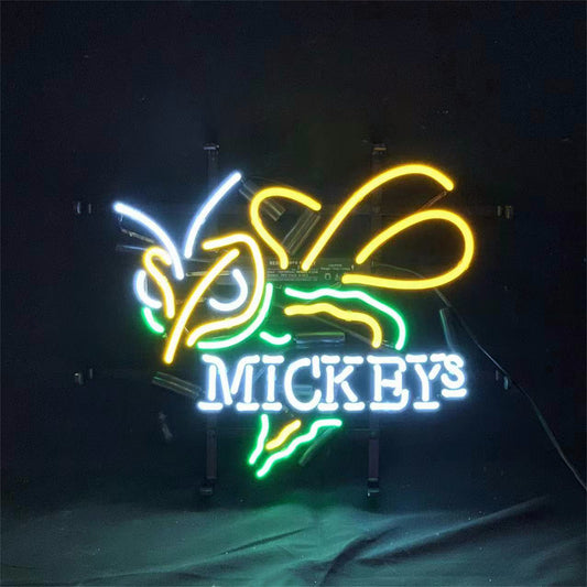 Bumblebee Mickeys Neon Sign -Handcrafted glass tubes. The classic Bumblebee design and the 'Mickeys' font combination make it suitable for hanging on the wall of a game room.
