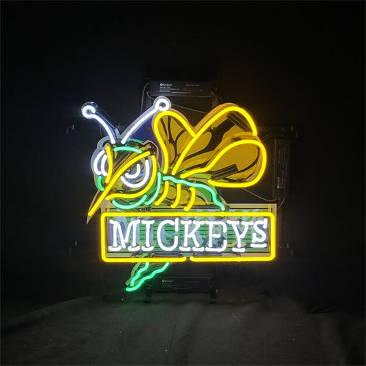 Bumblebee Mickeys Neon Sign-Handcrafted glass tubes and the logo are printed on acrylic. The classic Bumblebee design and the 'Mickeys' font combination make it suitable for hanging on the wall of a game room.