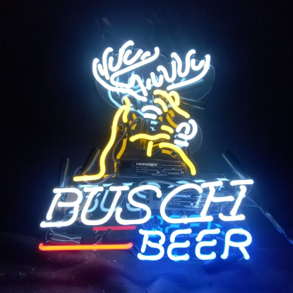 "Busch Light Deer Stag Head Neon Signs Glass - bright and vibrant logo, perfect for bars, shop, and man caves."