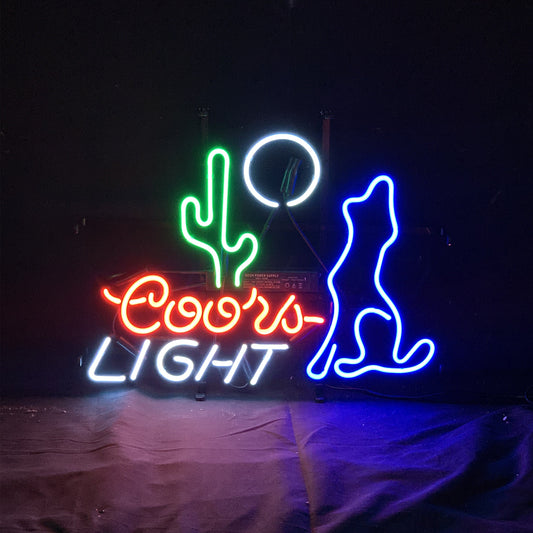 "Cactus Moon Wolf Coyote Coors Light neon sign glass - bright and vibrant logo, perfect for bars, game rooms, and man caves."