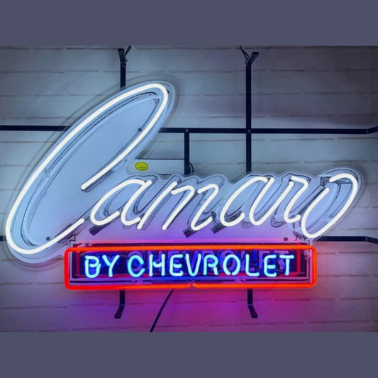 "Classic Camaro glass neon sign with glowing Chevrolet Font in white/blue/red illumination, wall-mounted garage decor"