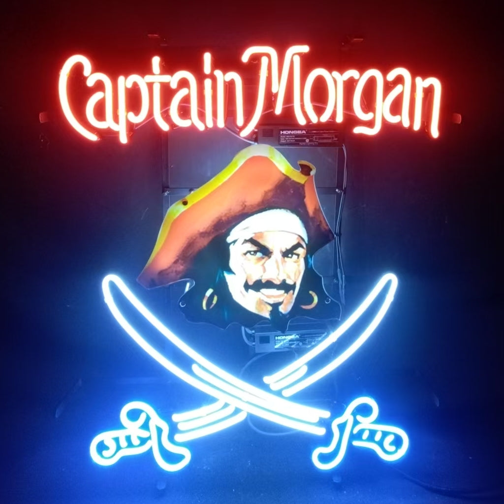 Handmade Captain Morgan lettering with sabres glass neon sign light, Morgan logo in the middle by printed on acrylic, metal grid on back.   Perfect for business shop , bar window lamp.