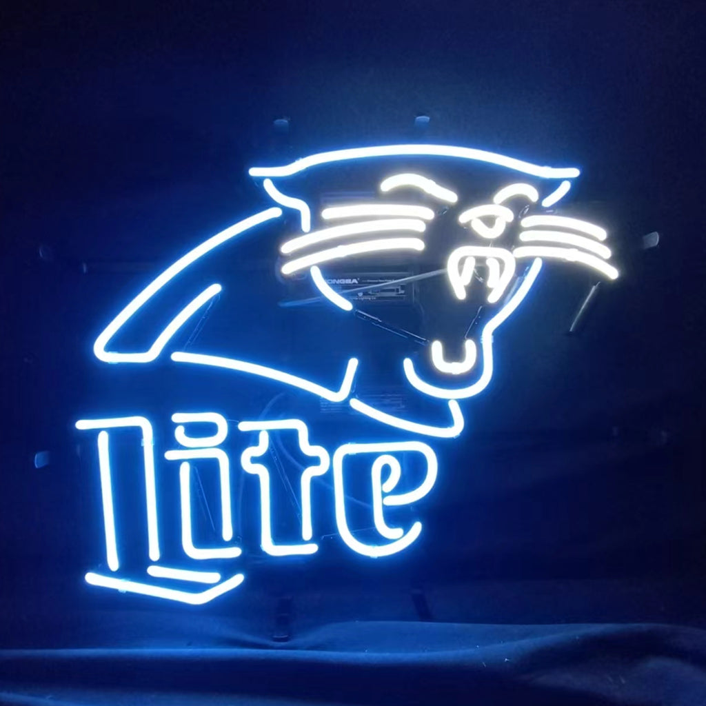 "Carolina Panthers Miller Lite neon sign glass - vibrant team logo, perfect for sports bars, game rooms, and fan spaces."