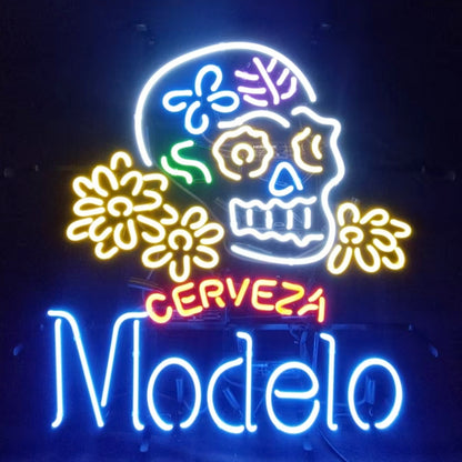 Handmade skull with mexico classic cerveza modelo beer neon signs. Th yellow flowers grow around the skull. Hand-bent glass and metal grid on the back.