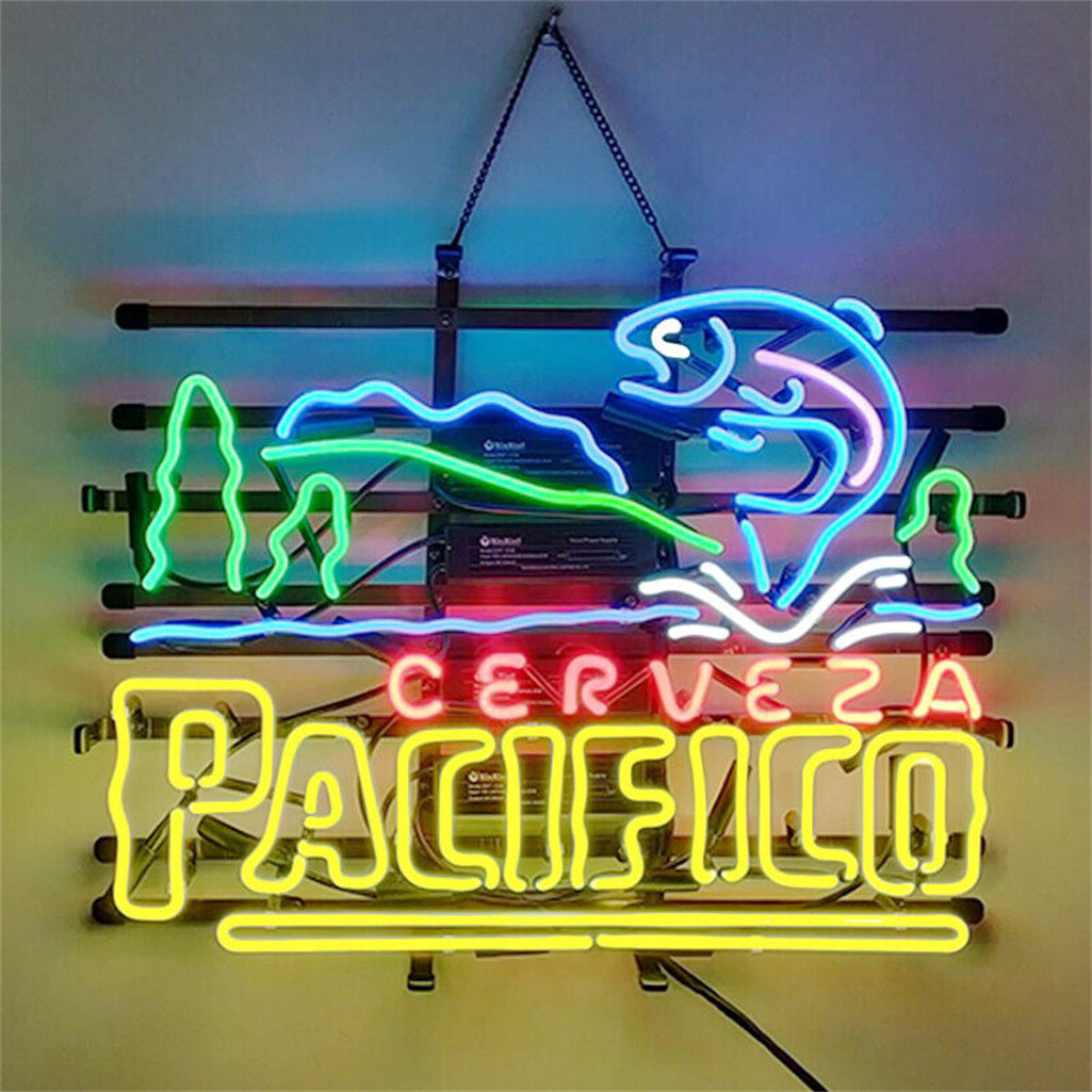 "Cerveza Pacifico Fish neon sign glass - bright and vibrant logo, perfect for bars, shops, man caves gift decoration."