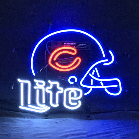 "Chicago Bears Helmet Miller Lite neon sign glass - bright and vibrant logo, perfect for bars, fans spaces, man caves gift decoration."