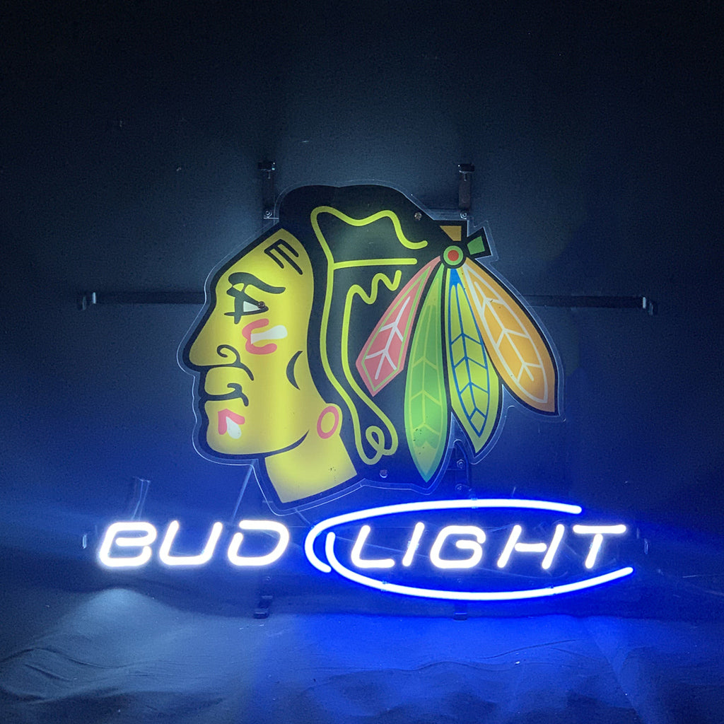 "Chicago Blackhawks Hockey Bud Light neon sign glass - vibrant team logo, perfect for sports bars, game rooms, and fan spaces.