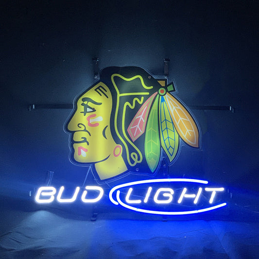 "Chicago Blackhawks Hockey Bud Light neon sign glass - vibrant team logo, perfect for sports bars, game rooms, and fan spaces.