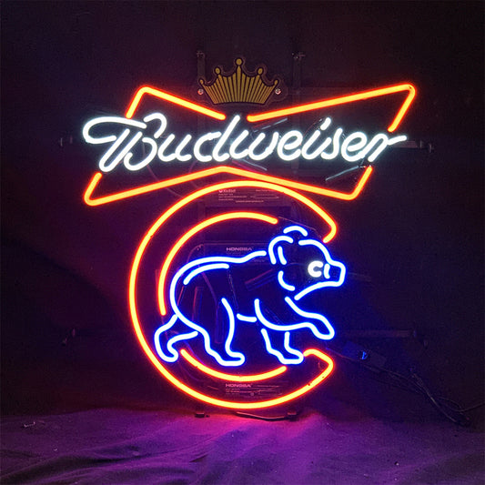 "Chicago Cubs Bear Budweiser Crown neon sign glass - vibrant team logo, perfect for bars, game rooms, and fan spaces.”