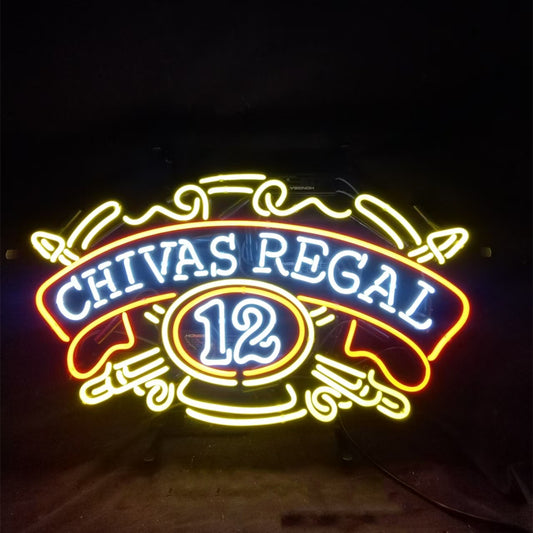 "Chivas Regal 12 Whiskey neon sign glass - bright and vibrant logo, perfect for bars, business shop, garage, man caves wall decor."