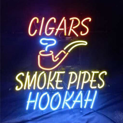 "Cigars Smoke Pipes Hookah neon sign glass- perfect for garages, man caves, shops. Eye-catching on wall and window"