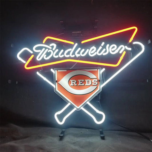 "Cincinnati Reds Budweiser neon sign glass - bright and vibrant logo, perfect for bars, game rooms, and man caves."