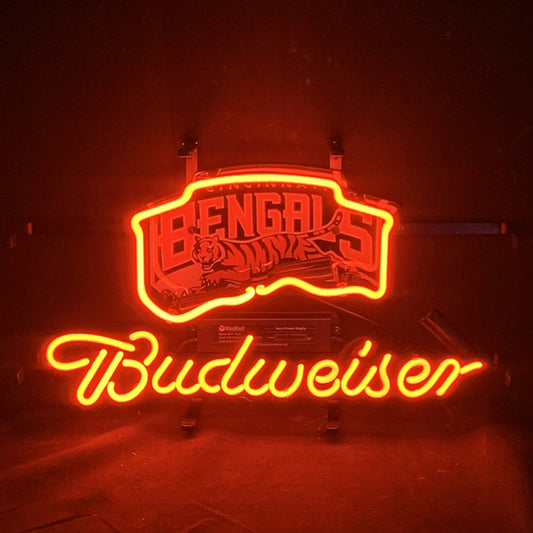 "Cincinnati Bengals Budweiser neon sign glass - bright and vibrant logo, perfect for bars, game rooms, and man caves."