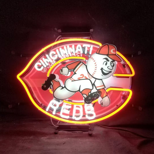 "Cincinnati Reds neon sign glass - vibrant team logo, perfect for sports bars, game rooms, and fan spaces."