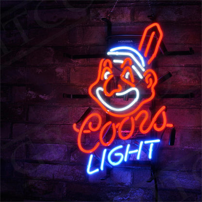 "Cleveland Indians Coors Light neon sign glass - vibrant team logo, perfect for sports bars, game rooms, and fan spaces."