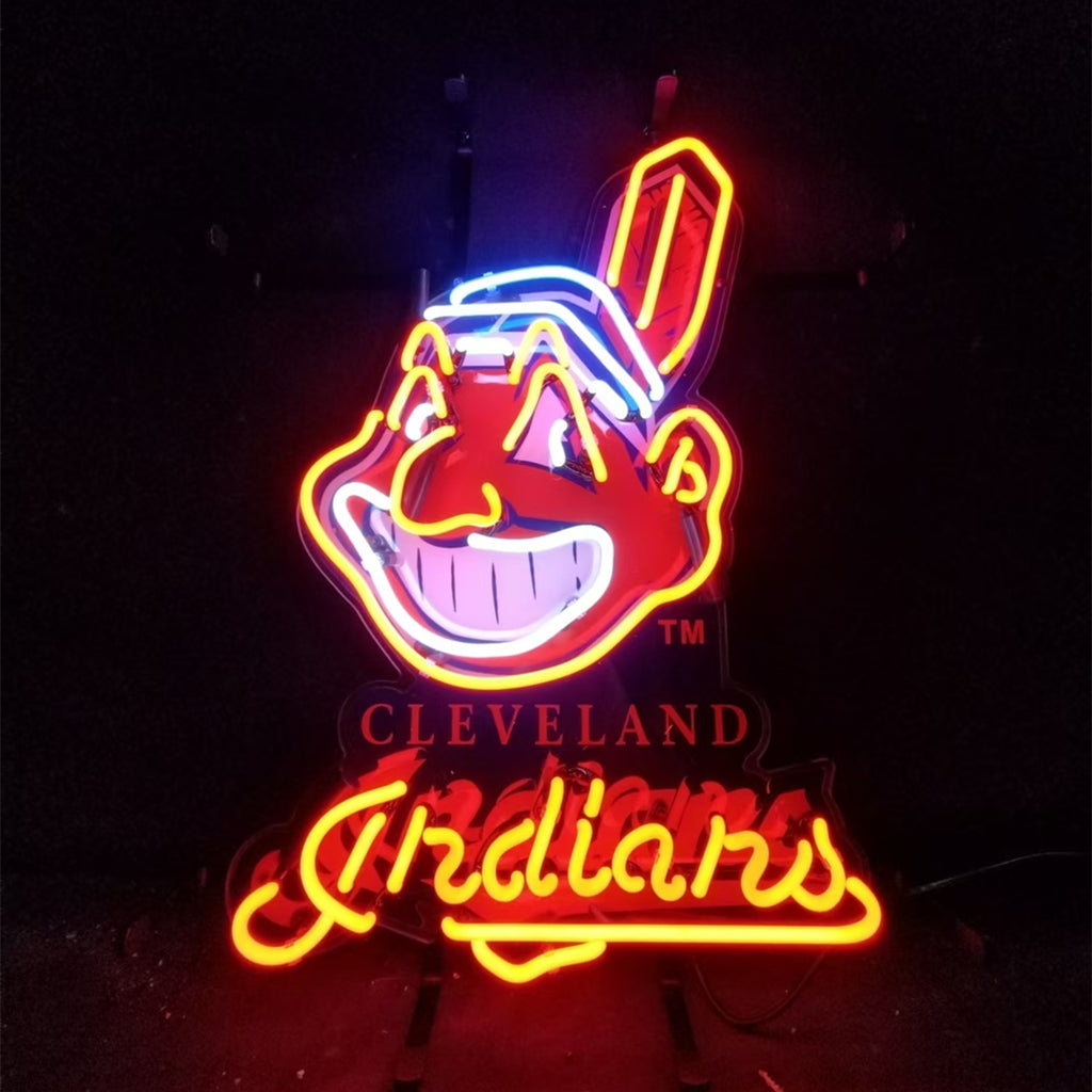 "Cleveland Indians neon sign glass - vibrant team logo, perfect for sports bars, game rooms, and fan spaces."