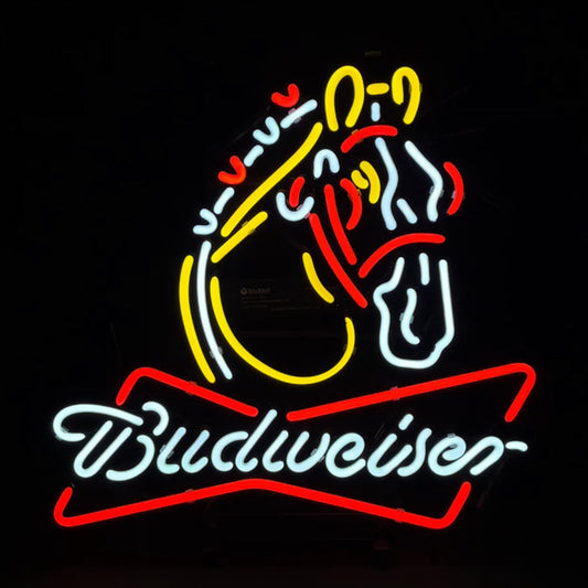 "Clydesdale Horse Budweiser neon sign glass - bright and vibrant logo, perfect for bars, game rooms, and man caves."