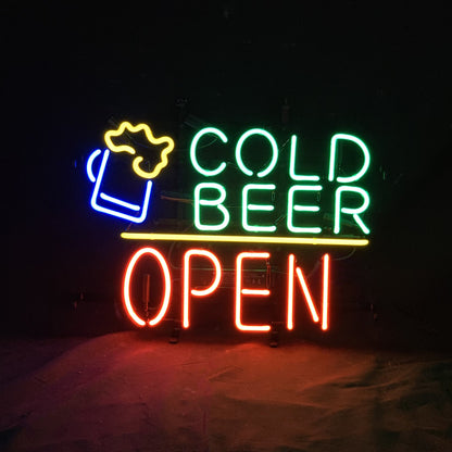 "Cold Beer Open neon sign glass - bright and vibrant logo, perfect for bars, game rooms, and man caves."