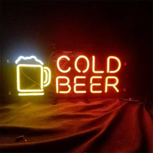 "Cold Beer with Mug neon sign glass - bright and vibrant logo, perfect for bars, game rooms, and man caves."