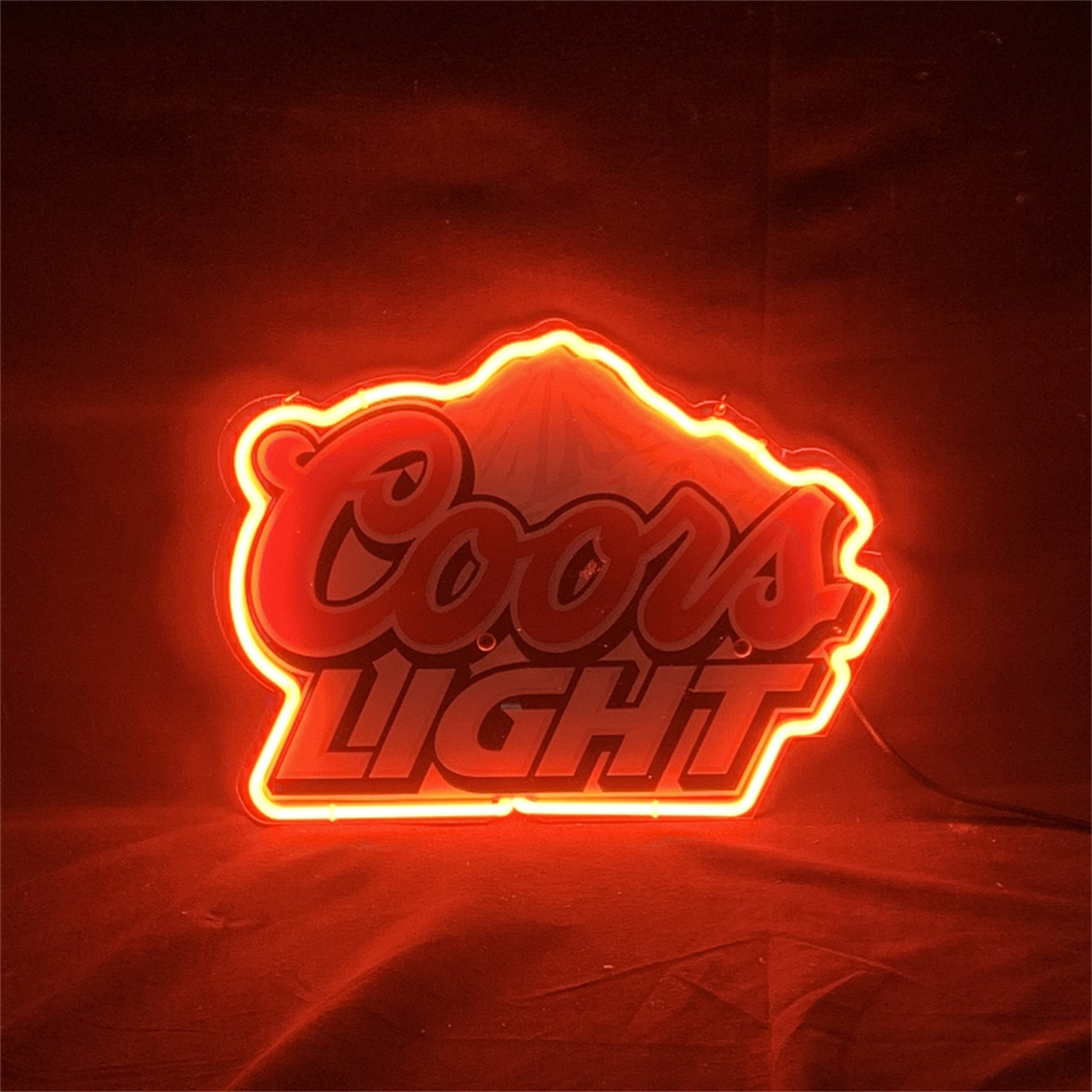 Glowing Coors Light Neon Sign – outline glass tube and logo printed on acrylic, perfect for bars, basements, and parties.