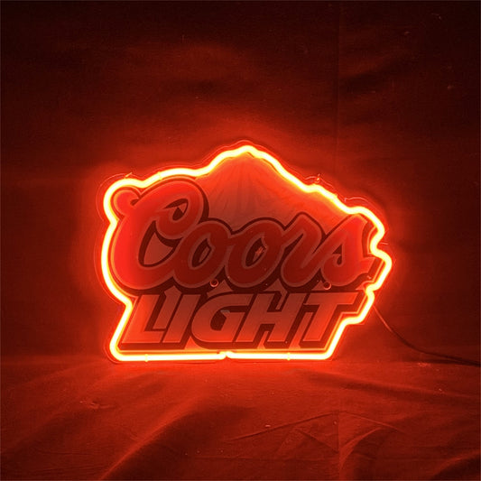 Glowing Coors Light Neon Sign – outline glass tube and logo printed on acrylic, perfect for bars, basements, and parties.