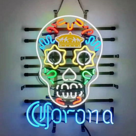 "Colorful Day of the Dead skull neon sign with Corona beer-inspired design, glowing glass tube decor for bars and parties."