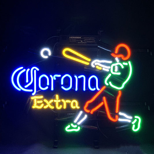 "Corona Extra Baseball Player neon sign glass - bright and vibrant logo, perfect for bars, shops, man caves gift decoration."