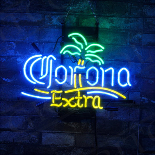"Corona Extra Beer Palm Tree neon sign glass - bright and vibrant logo, perfect for bars, game rooms, and man caves."