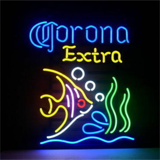 "Corona Extra Beer and Seafood Tropical Fish neon sign glass - bright and vibrant logo, perfect for bars, game rooms, and man caves."