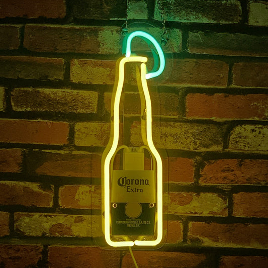 "Classic Corona Extra Bottle neon sign glass - bright and vibrant logo, perfect for bars, business shop, garage, man caves wall decor."