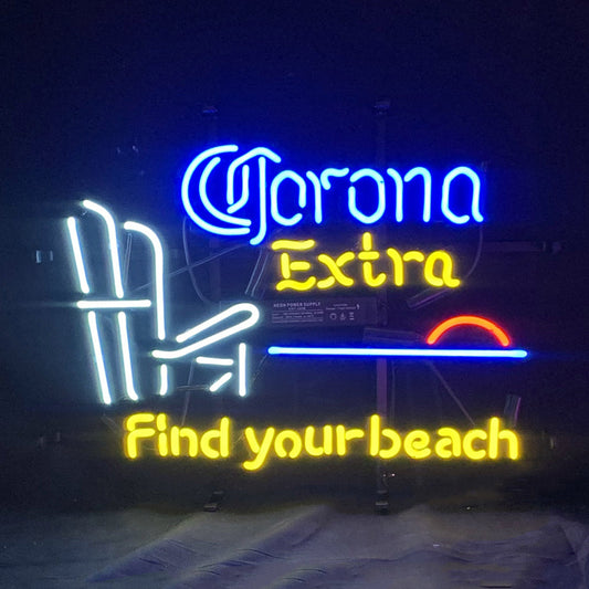 "Corona Extra Find Your Beach  neon sign glass - bright and vibrant logo, perfect for bars, game rooms, and man caves."
