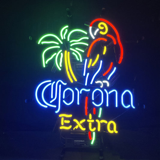 "Corona Extra Palm Tree Parrot neon sign glass - bright and vibrant logo, perfect for bars, shops, man caves gift decoration."