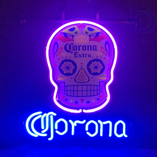 "Corona Extra with Skull neon sign glass - bright and vibrant logo, perfect for bars, game rooms, and man caves."