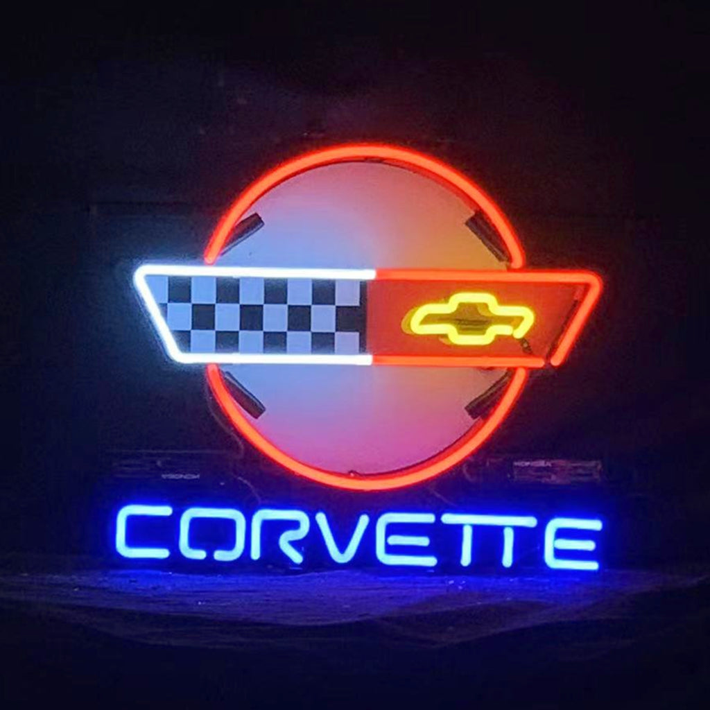 " Corvette car classic black white neon sign glass - sleek and stylish, perfect for garages, man caves, and auto enthusiasts."