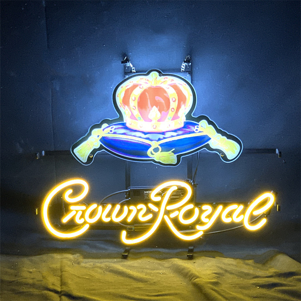 "Crown Royal Whiskey neon sign glass - bright and vibrant logo, perfect for bars, shop, and man caves."