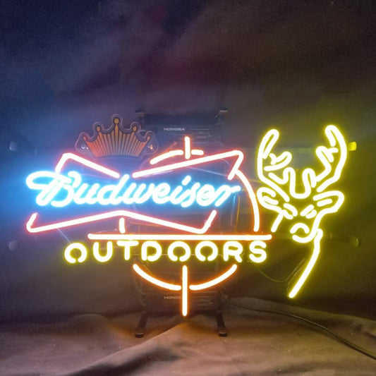 "Crown Budweiser Outdoors Deer neon sign glass - bright and vibrant logo, perfect for bars, business shop, garage, man caves wall decor."