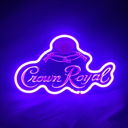 "Crown Royal Whiskey neon sign glass - bright and vibrant logo, perfect for bars, game rooms, and man caves."